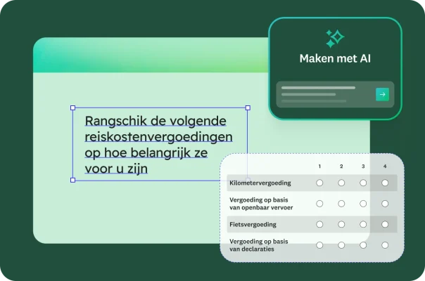 Een formulier met een enquêtevraag voor respondenten om ‘de volgende reiskostenvergoedingen te rangschikken op hoe belangrijk ze voor u zijn met een lijst van opties zoals kilometervergoeding, vergoeding op basis van openbaar vervoer, fietsvergoeding en vergoeding op basis van declaraties. In de hoek is een tool om enquêtes met AI te maken.