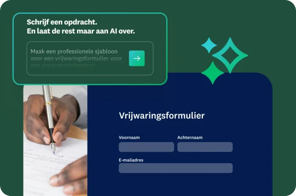 Hand die een vrijwaringsformulier ondertekent. Een groen vak met een AI-opdracht om een formuliersjabloon te maken. De formuliervelden zijn zichtbaar.