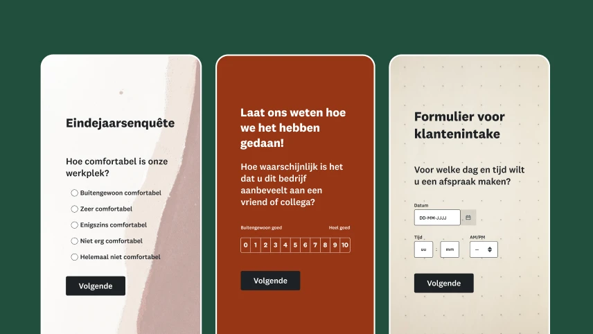Screenshots van drie verschillende enquêtes op mobiele apparaten