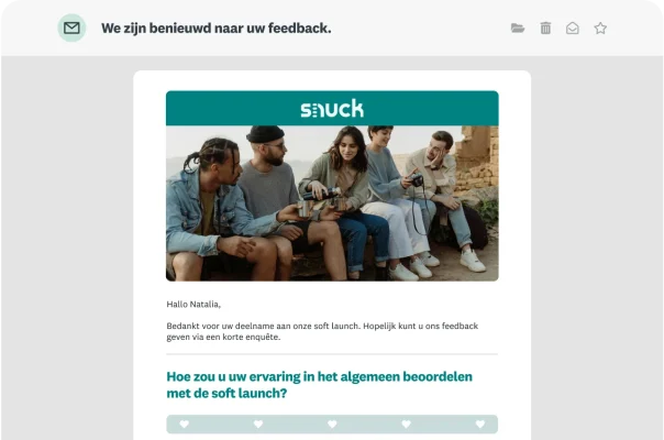 E-mail met enquêtevraag over de algehele ervaring met de soft launch