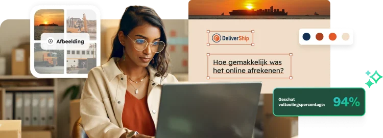 Een vrouw werkt op een laptop met overlays voor enquêteaanpassingen, waaronder kleuren kiezen, een collage voor afbeeldingen en een enquête over het betaalproces bij DeliverShip.