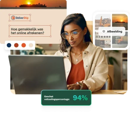Een vrouw werkt op een laptop met overlays voor enquêteaanpassingen, waaronder kleuren kiezen, een collage voor afbeeldingen en een enquête over het betaalproces bij DeliverShip.