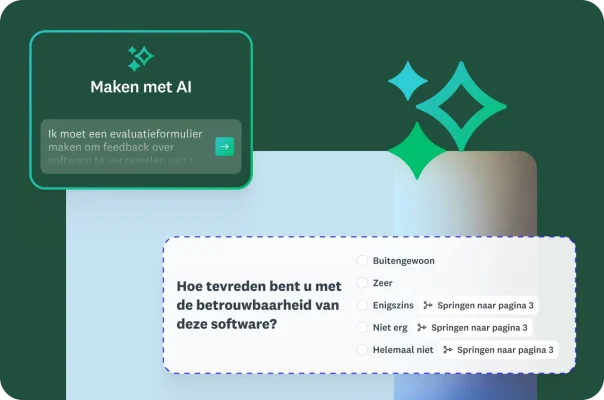 Een enquêtevraag over de betrouwbaarheid van software met voorwaardelijke logica voor overslaan en een overlay van een AI-prompt.