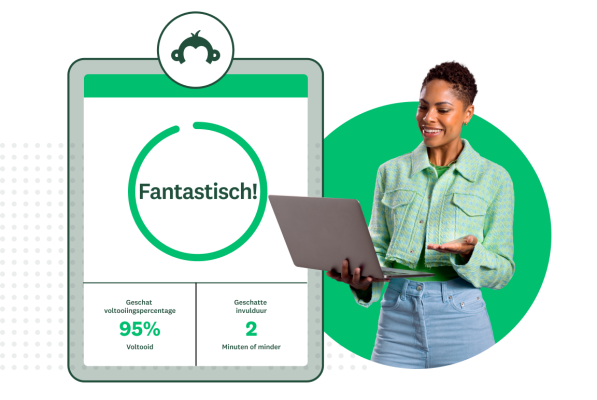 Screenshot van SurveyMonkey Genius met een geschat voltooiingspercentage van 95% en een reactietijd van twee minuten voor een enquête