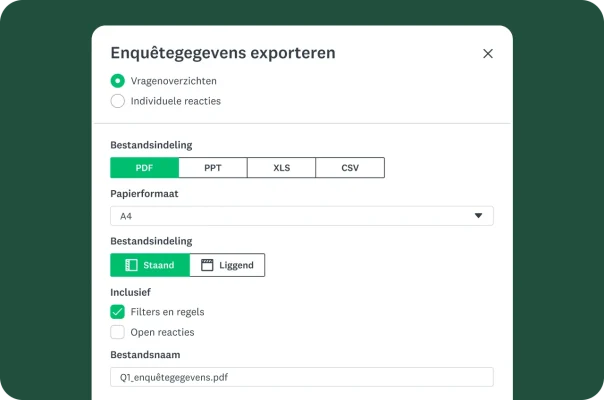Functie om enquêtegegevens te exporteren, met opties voor verschillende bestandsindelingen en wat onderdeel moet zijn