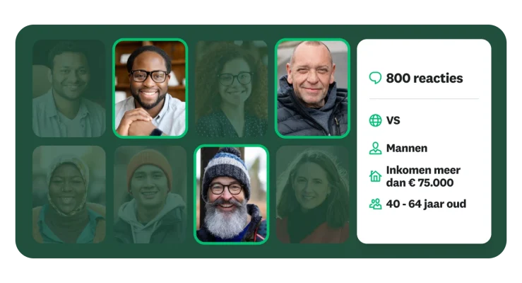 Een raster met verschillende foto's van mensen. Een deelvenster met gegevens rechts toont dat de enquête 800 reacties heeft ontvangen. Ook worden demografische gegevens weergegeven, zoals locatie, geslacht, inkomen en leeftijdsbereik.