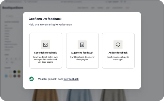 Een pop-upvenster van GetFeedback op een website, waarin bezoekers opties hebben om specifieke feedback, algemene feedback of andere verzoeken achter te laten