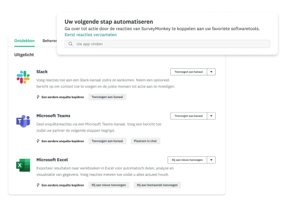 Screenshots van de apps voor Slack, Microsoft Teams en Excel voor SurveyMonkey