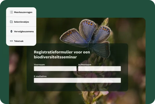 Een 'registratieformulier voor een biodiversiteitseminar' met velden voor naam en e-mailadres. Een menu toont verschillende vraagtypen: 'meerkeuzevragen, 'selectievakjes', 'vervolgkeuzemenu' en 'tekstvak'.