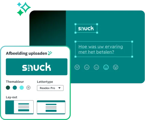 Een scherm voor het bewerken van enquêtes met het aanpassingsproces voor een enquête over het afrekenen bij snuck, waaronder opties voor de themakleur en de lay-out.