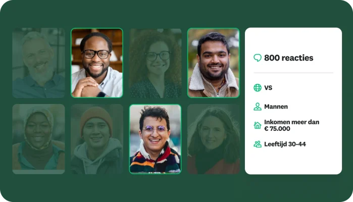 Foto's van verschillende mensen, naast een vak waarin staat: 800 reacties van mannen in de Verenigde Staten met een inkomen van meer dan $ 75.000 en een leeftijd van 30-44 jaar