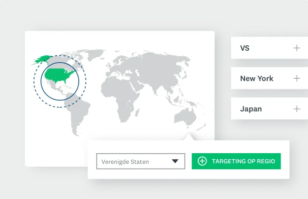 Screenshot van de wereld, met diverse locaties en een knop om op regio te targeten