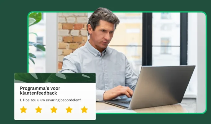 Man met een computer naast een screenshot van een enquête voor klantfeedback