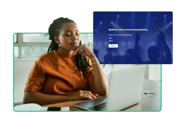 Een vrouw typt op een laptop naast een screenshot van een enquêtesjabloon voor evenementplanning