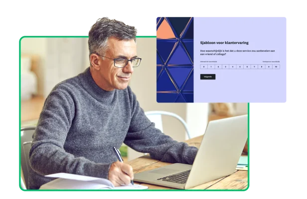 Een man aan het werk op laptop, naast een screenshot van een sjabloon voor een klantervaringsenquête