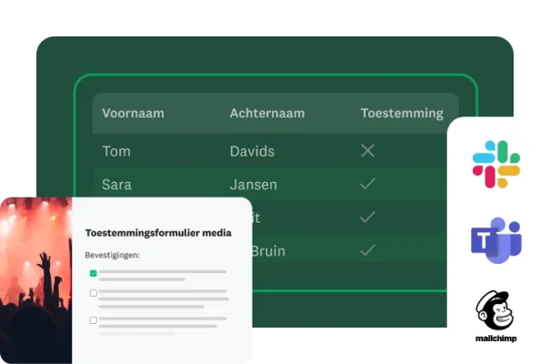 Toestemmingsformulier voor gebruik van media en een tabel met namen en toestemmingsstatussen. Logo's voor Slack, Teams en Mailchimp staan aan de onderkant