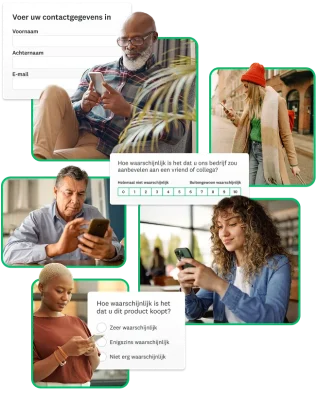 Foto's van verschillende mensen die naar hun smartphones kijken, met screenshots van enquêtevragen om ze heen