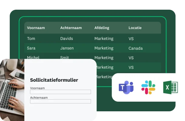 Naast een tabel met namen van sollicitanten, afdelingen en locaties wordt een sollicitatieformulier weergegeven. Daaronder staan logo's voor Microsoft Teams, Slack en Excel.