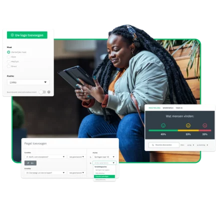 Vrouw die zit en een telefoon bekijkt, met screenshot van diverse SurveyMonkey-functies naast haar, zoals logica via vertakking en uw ontwerp aanpassen
