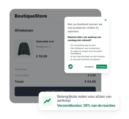 Overlay van GetFeedback-enquête over verlaten winkelwagens op een betaalpagina in e-commerce met de verzendkosten als de belangrijkste reden voor het verlaten (38%)