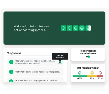 Enquêtevraag over wat u vindt van het onboardingsproces tot nu toe, met een vragenbank ernaast die gerelateerde vragen aanbeveelt, samen met een ingeschakelde optie voor het anonimiseren van respondenten