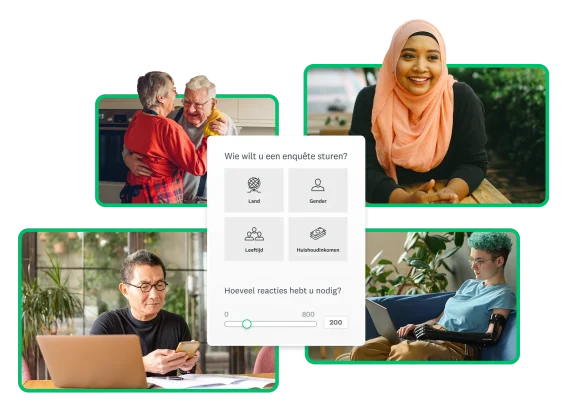 Screenshot van het selecteren van de demografische gegevens voor het Audience-panel, omringd door afbeeldingen van verschillende mensen