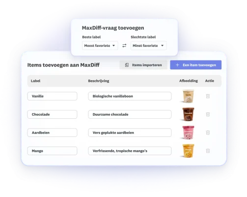 Screenshots van stappen uit de oplossing om functies en kenmerken te prioriteren, waaronder het toevoegen van MaxDiff-vragen en de mogelijkheid om verschillende items toe te voegen
