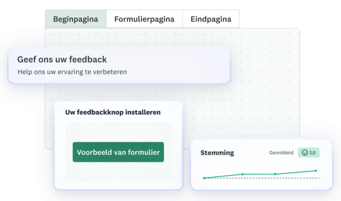 Interface van het GetFeedback-platform met het proces om een formulier te bouwen, een knop om een voorbeeld in te stellen, en een widget voor de analyse van de bezoekersstemming