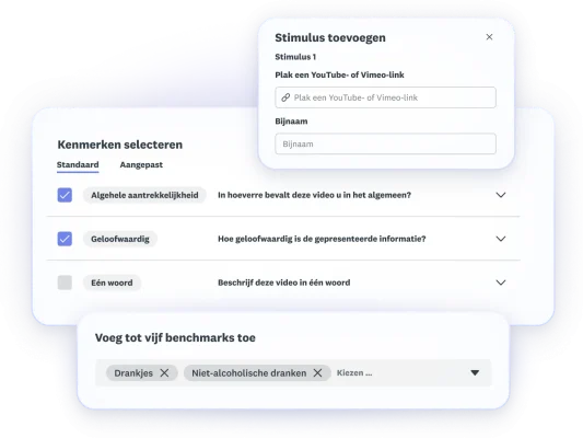 Schermafbeeldingen van de stappen om video-advertenties te testen, waarbij u de YouTube-links voor video's toevoegt, kenmerken kiest om te testen en tot vijf benchmarks toevoegt