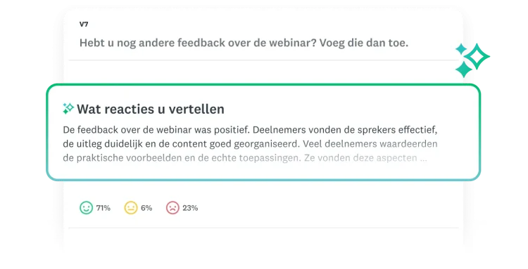 Venster met de titel 'Wat reacties u vertellen' en daarnaast een samengevatte thematische analyse van een enquêtevraag