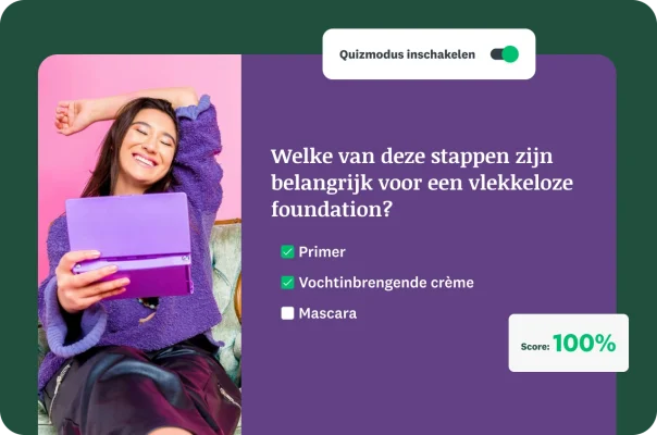 Een lachende vrouw met een overlay van een meerkeuzequiz over beauty in de Quizmodus met een score van 100%.