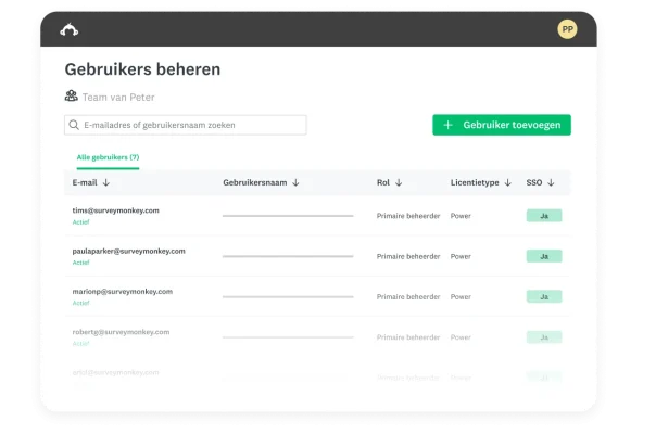 Scherm Gebruikers beheren op SurveyMonkey