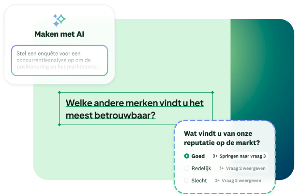 Interface van een enquêtebouwer met AI-prompt en instellingen voor vraaglogica