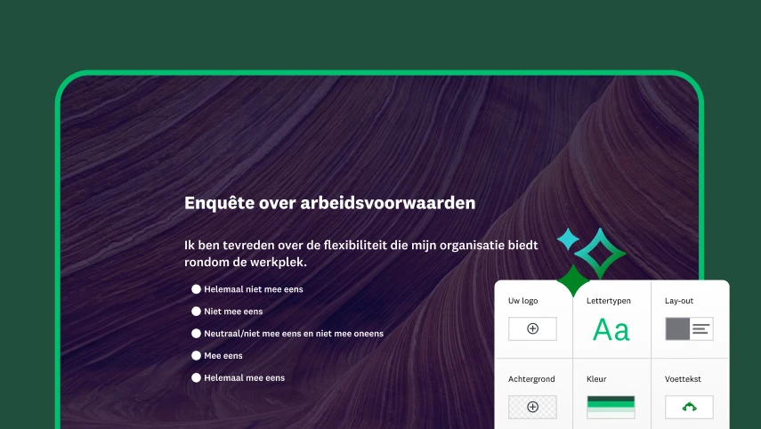 Screenshot van een enquête over arbeidsvoorwaarden, naast functies voor het ontwerpen van enquêtes, zoals kleuren, lettertypen en lay-out