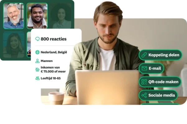 Een man die werkt op een laptop met overlays voor gerichte demografische gegevens van respondenten en opties om een enquête te delen via een koppeling, e-mail, QR-code of sociale media.
