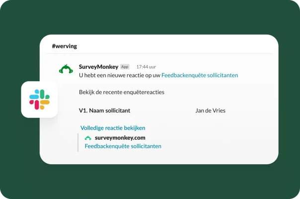 Een Slack-melding met een nieuwe SurveyMonkey-feedbackenquête voor sollicitanten.