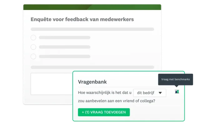 Schermafbeelding van een feedbackenquête voor werknemers naast een vragenbank die een vraag laat zien over aanbevelingen door werknemers