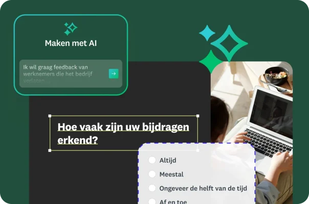 Een persoon op een laptop met een overlay van een AI-opdracht en een enquêtevraag met meerdere antwoorden.