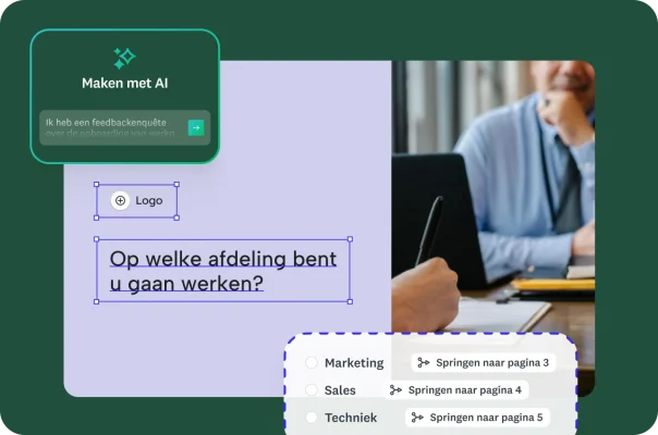 Foto van een sollicitatiegesprek met aan de linkerkant een enquêtevraag met voorwaardelijke logica voor overslaan afhankelijk van de door de respondent gekozen afdeling.