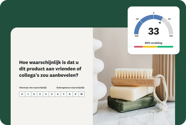 Een foto van twee stukken zeep en een nagelborstel. Een overlay-formulier met de vraag: 'Hoe waarschijnlijk is het dat u dit product aanbeveelt aan een vriend of collega?' met een beoordelingsschaal van 0-10. Een NPS-scoremeter toont een score van 33.