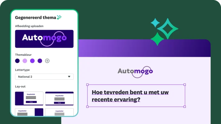 Een ontwerpinterface die laat zien hoe u een aangepast enquêtethema maakt. Er zijn opties om een logo te uploaden en kleuren te selecteren. Het voorbeeld toont de vraag: ‘Hoe tevreden bent u met uw meest recente ervaring?’ en het bedrijfslogo 'Automogo'.