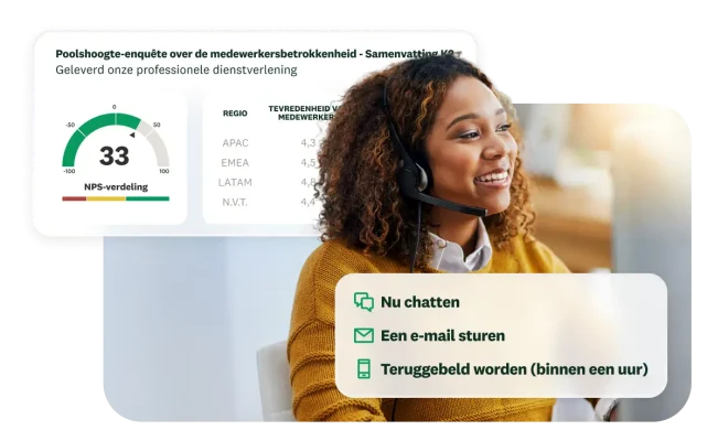 Vrouw met een headset die naar een computer kijkt, naast de resultaten voor een poolshoogte-overzicht van het tweede kwartaal over de betrokkenheid van medewerkers, met een NPS van 33