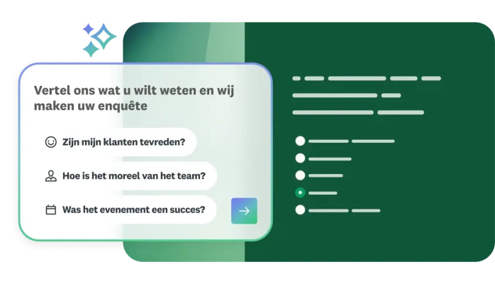 Venster voor een prompt om een enquête met AI te maken over klanttevredenheid, teammoreel of het succes van een evenement naast een voorbeeld van een gegenereerd enquêteformulier