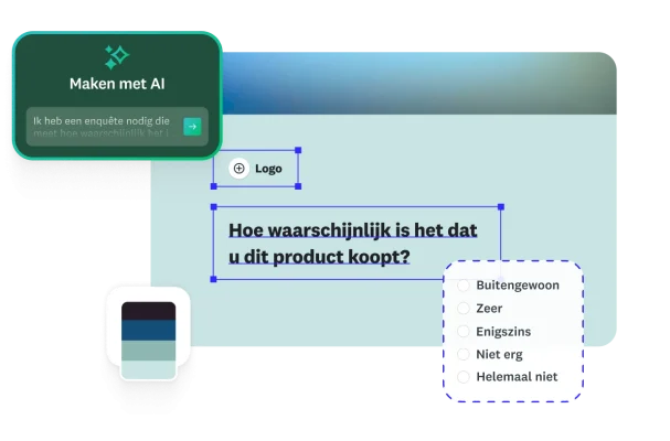Een gebruikersinterface voor het maken van enquêtes met AI. Een tekstvak met de suggestie om een enquête op te stellen om 'te meten hoe waarschijnlijk het is dat klanten een product kopen'. Op het enquêteformulier wordt de volgende vraag weergegeven: 'Hoe waarschijnlijk is het dat u dit product koopt?' samen met vijf antwoordopties.