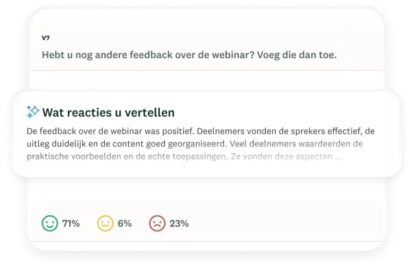 Venster met de titel 'Wat reacties u vertellen' en daarnaast een samengevatte thematische analyse van een enquêtevraag