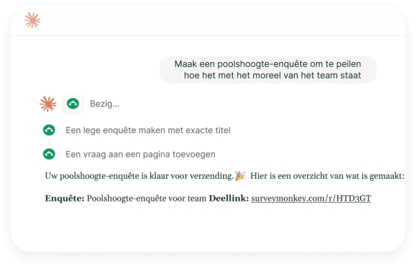 Interface met een AI-assistent die een poolshoogte-enquête maakt om het moreel van het team in kaart te brengen en een SurveyMonkey-deellink te genereren