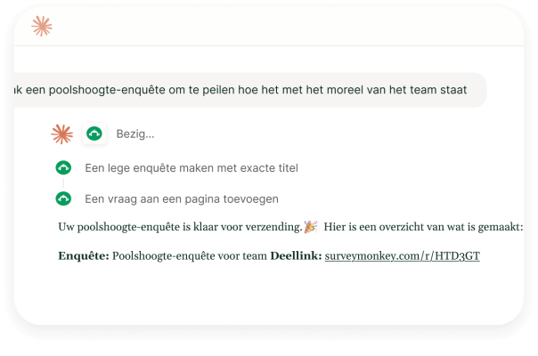 Interface met een AI-assistent die een poolshoogte-enquête maakt om het moreel van het team in kaart te brengen en een SurveyMonkey-deellink te genereren