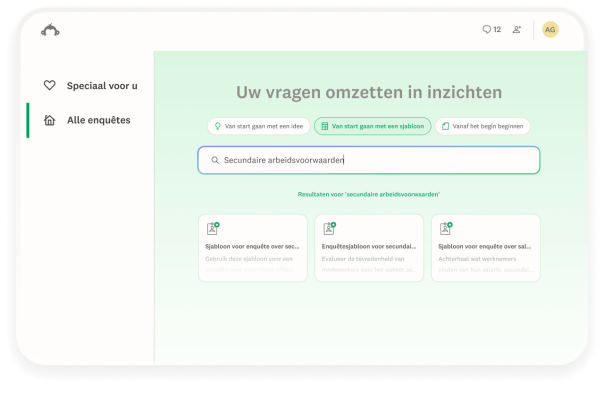 Een SurveyMonkey-interface met een zoekbalk en de tekst Secundaire arbeidsvoorwaarden ingevoerd. Onder de balk zijn drie kaarten met enquêtesjablonen te zien als zoekresultaten, waaronder de sjabloon voor een enquête over secundaire arbeidsvoorwaarden.