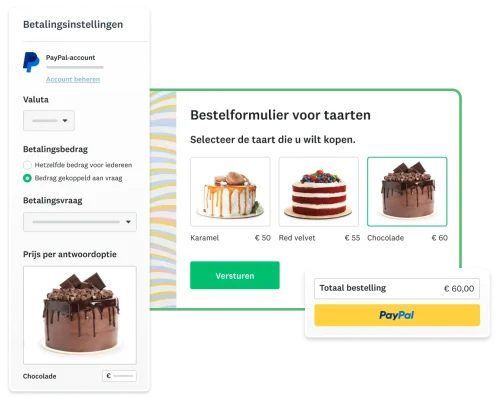 Screenshot van een bestelformulier voor taarten naast de module van SurveyMonkey voor de PayPal-integratie