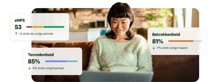 Vrouw die werkt op een laptop met een overlay van kaarten met statistieken over de werknemerservaring, zoals de eNPS, tevredenheid en betrokkenheid